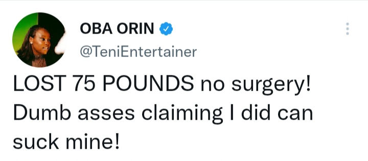 “Lost 75 Pounds, No Surgery" Singer Teni Slams Crticis 