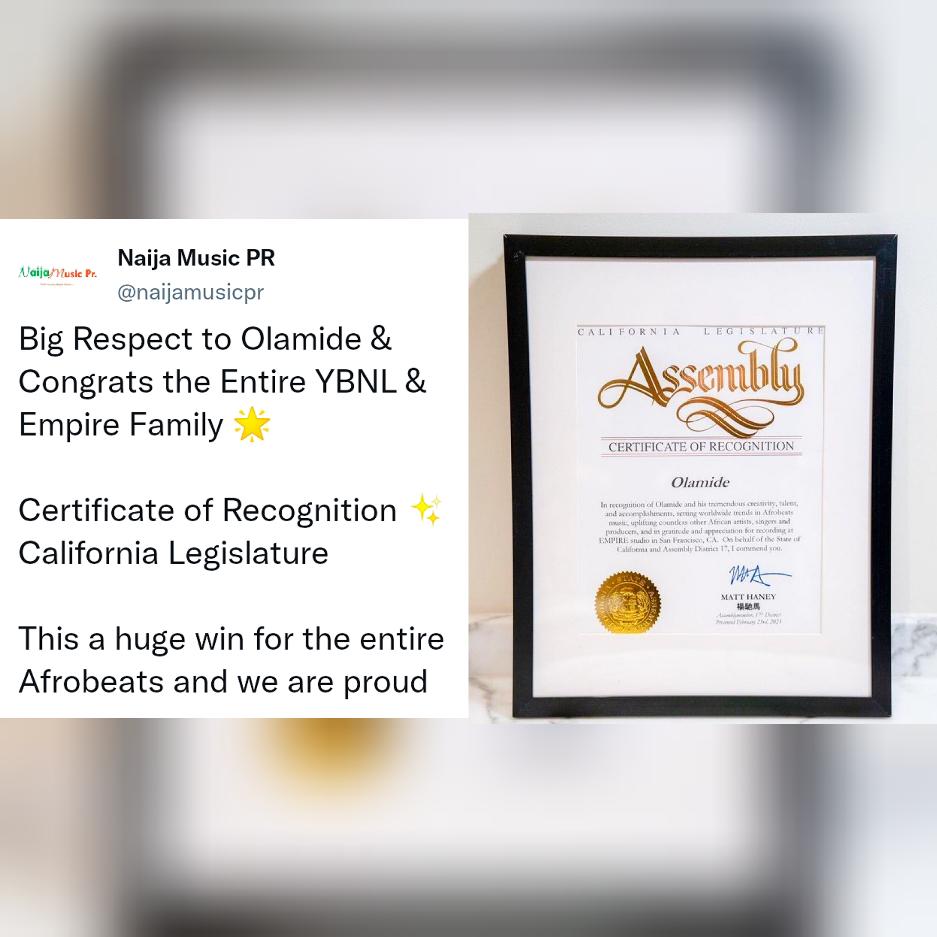 Olamide receives certificate of recognition