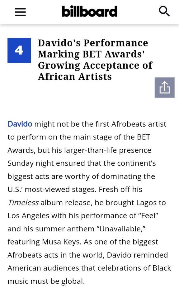 Billboard ranks Davido's performance 4th out of the 9
